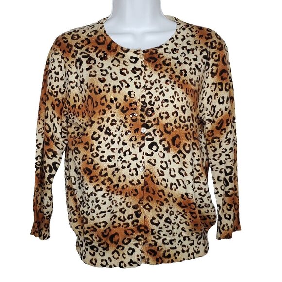 Boston Proper Animal Print Cardigan Sweater Sz S Silk Cotton Brown Sequins - Picture 1 of 5